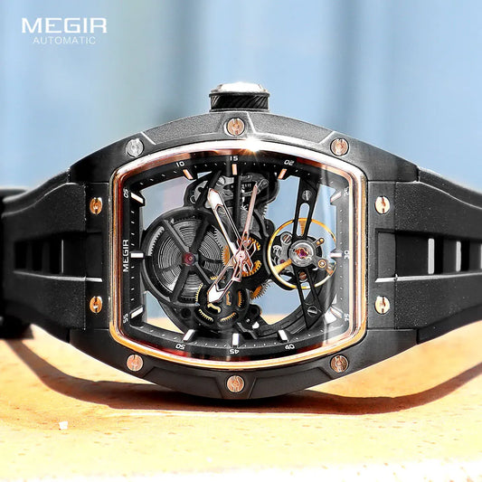 MEGIR Automatic Wristwatch Men Fashion Black Silicone Strap Wateproof Luminous Sport Mechanical Watch with Tonneau Dial 2242