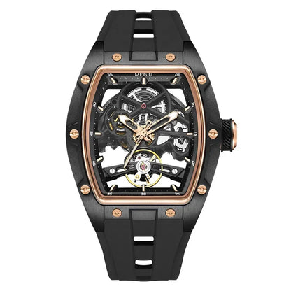 MEGIR Automatic Wristwatch Men Fashion Black Silicone Strap Wateproof Luminous Sport Mechanical Watch with Tonneau Dial 2242