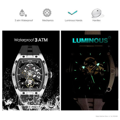 MEGIR Automatic Wristwatch Men Fashion Black Silicone Strap Wateproof Luminous Sport Mechanical Watch with Tonneau Dial 2242